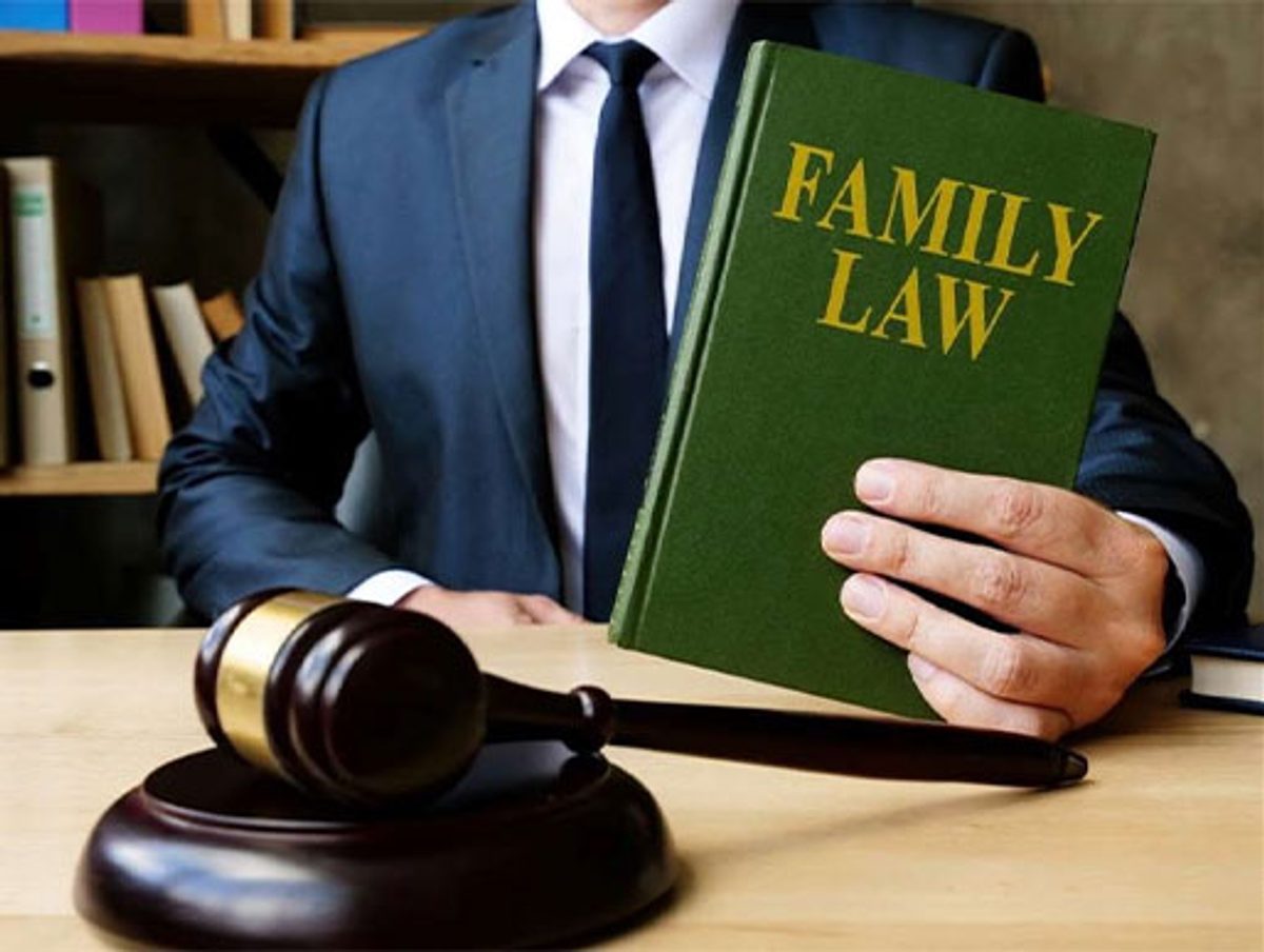 Attorney holding a family law book beside a gavel